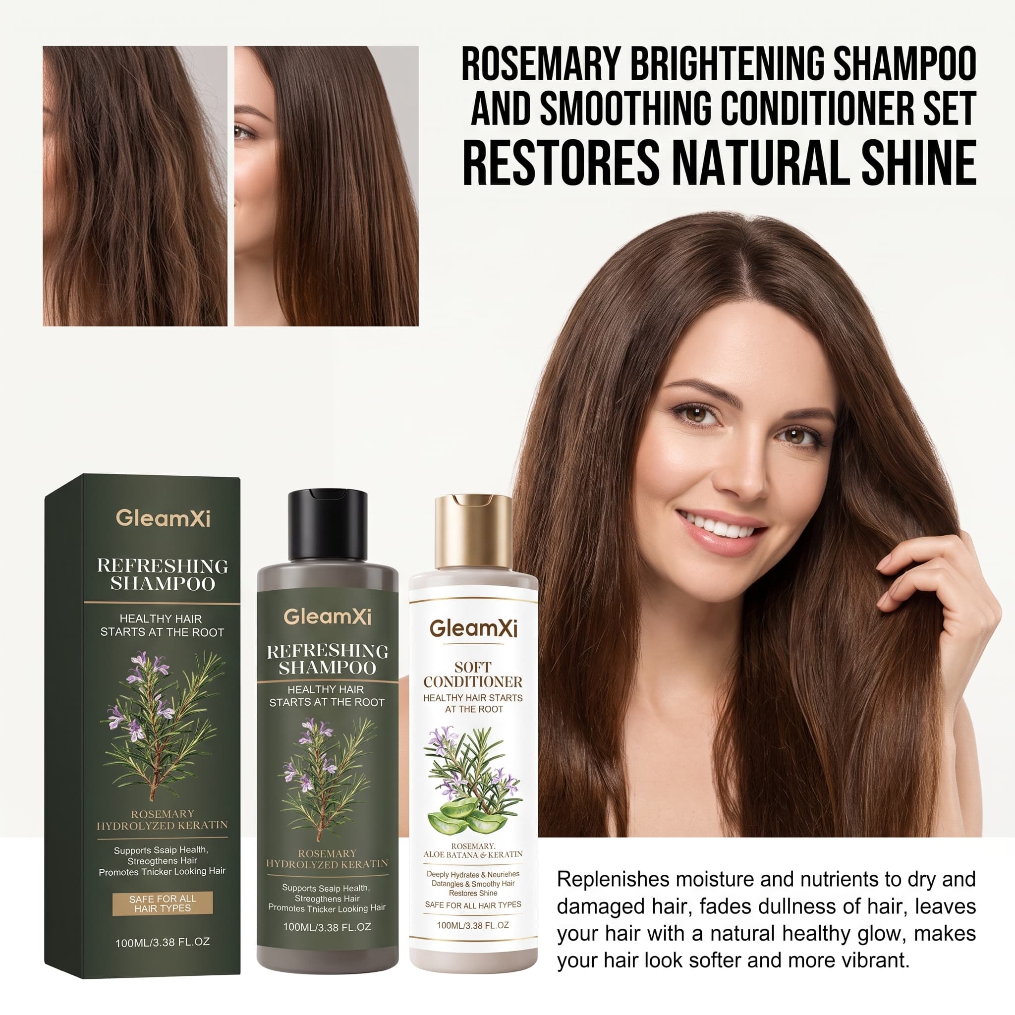 Hair Care Keratin Shampoo - Zestaw szamponu i odżywki z rozmarynem,